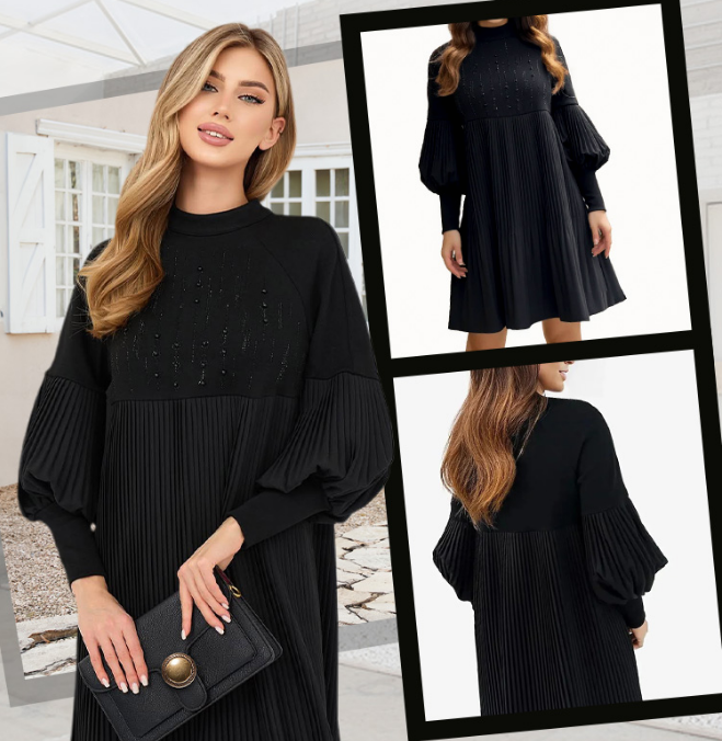 Marlene | Plus-Size Midikleid für Damen mit Stehkragen und Laternenärmeln