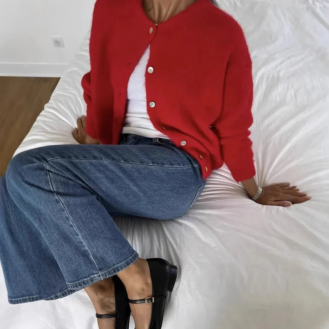Damen Cardigan mit Rundhalsausschnitt, Knöpfen und langen Ärmeln