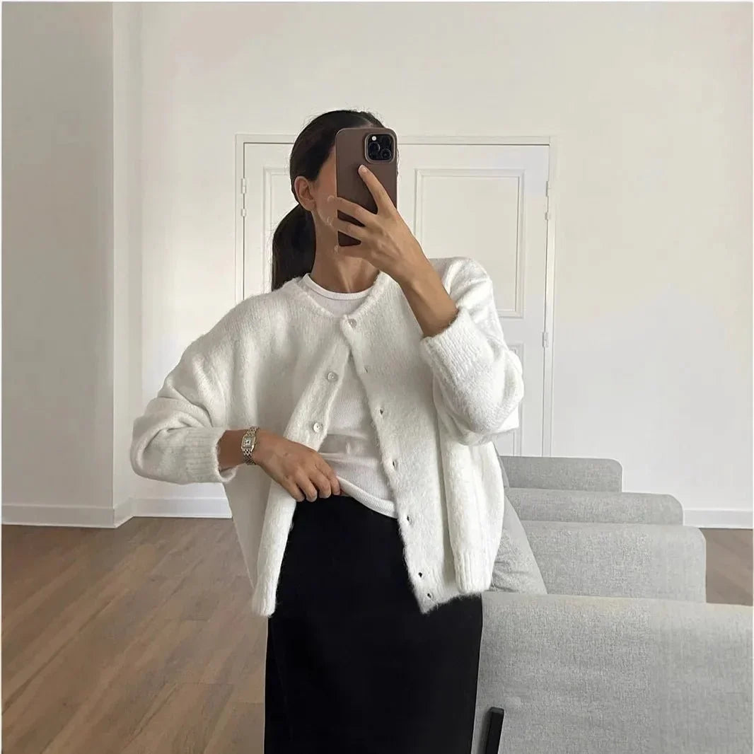 Damen Cardigan mit Rundhalsausschnitt, Knöpfen und langen Ärmeln