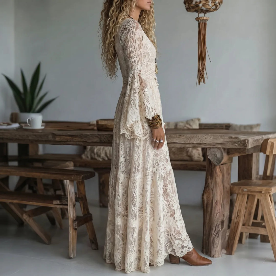 Ines | Damen Maxikleid mit langen Ärmeln und Spitze im V-Ausschnitt