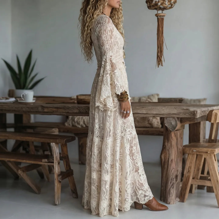 Ines | Damen Maxikleid mit langen Ärmeln und Spitze im V-Ausschnitt