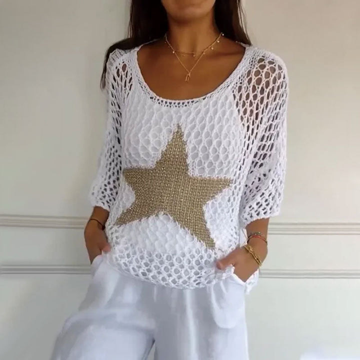Jiah | Sternen Stricktop für Damen mit Rundhalsausschnitt und kurzen Ärmeln