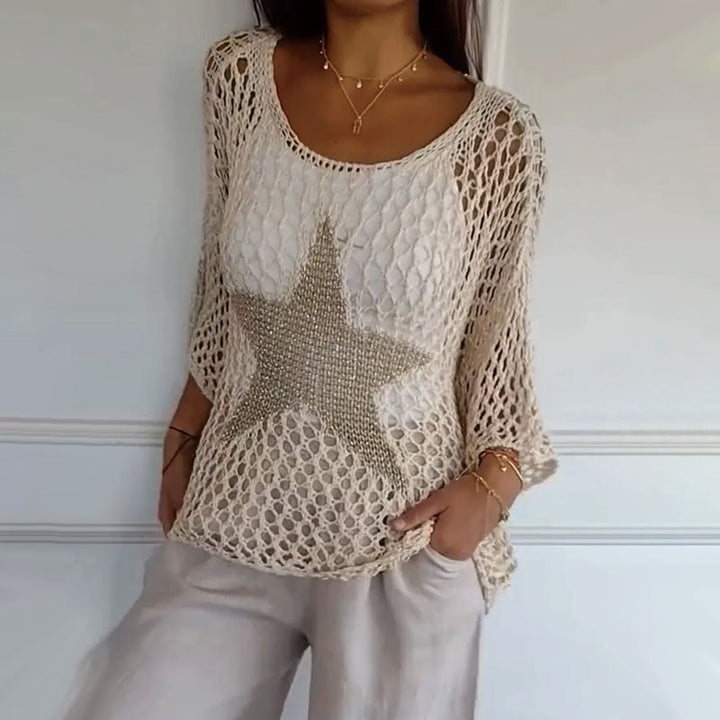 Jiah | Sternen Stricktop für Damen mit Rundhalsausschnitt und kurzen Ärmeln