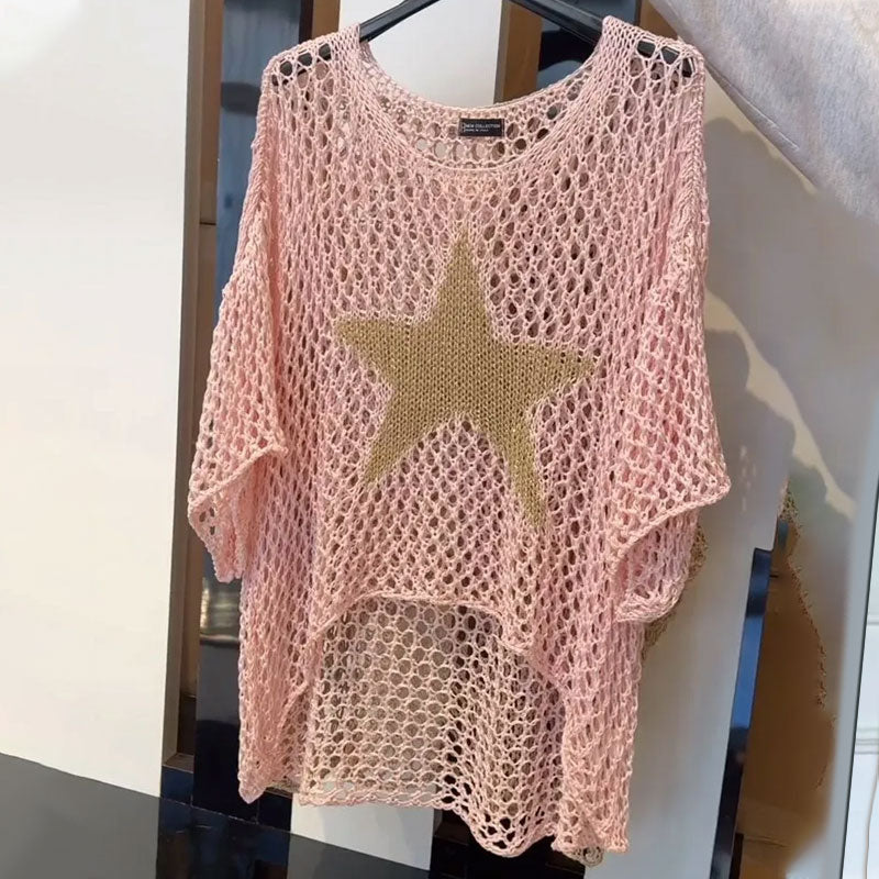 Jiah | Sternen Stricktop für Damen mit Rundhalsausschnitt und kurzen Ärmeln