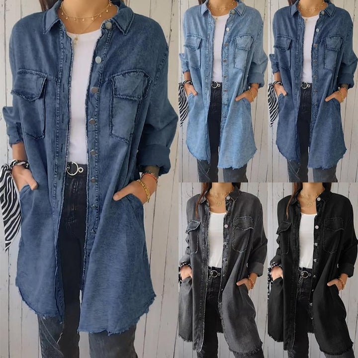 Deandra | Oversized Denim-Hemd für Damen mit langen Ärmeln und Rundhalsausschnitt