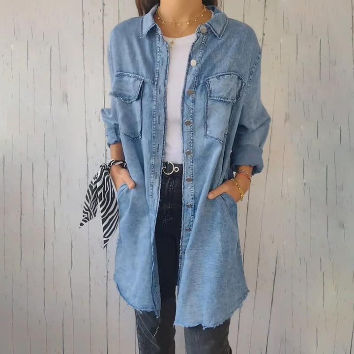 Deandra | Oversized Denim-Hemd für Damen mit langen Ärmeln und Rundhalsausschnitt