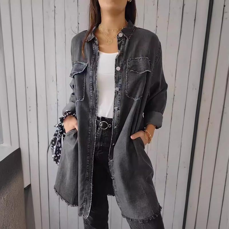 Deandra | Oversized Denim-Hemd für Damen mit langen Ärmeln und Rundhalsausschnitt