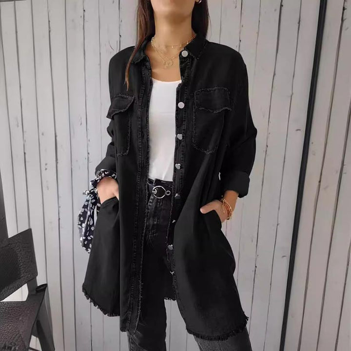 Deandra | Oversized Denim-Hemd für Damen mit langen Ärmeln und Rundhalsausschnitt