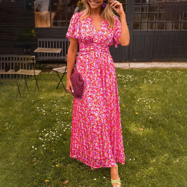Romy | Sommerkleid für Damen mit V-Ausschnitt, Blumenmuster und kurzen Ärmeln