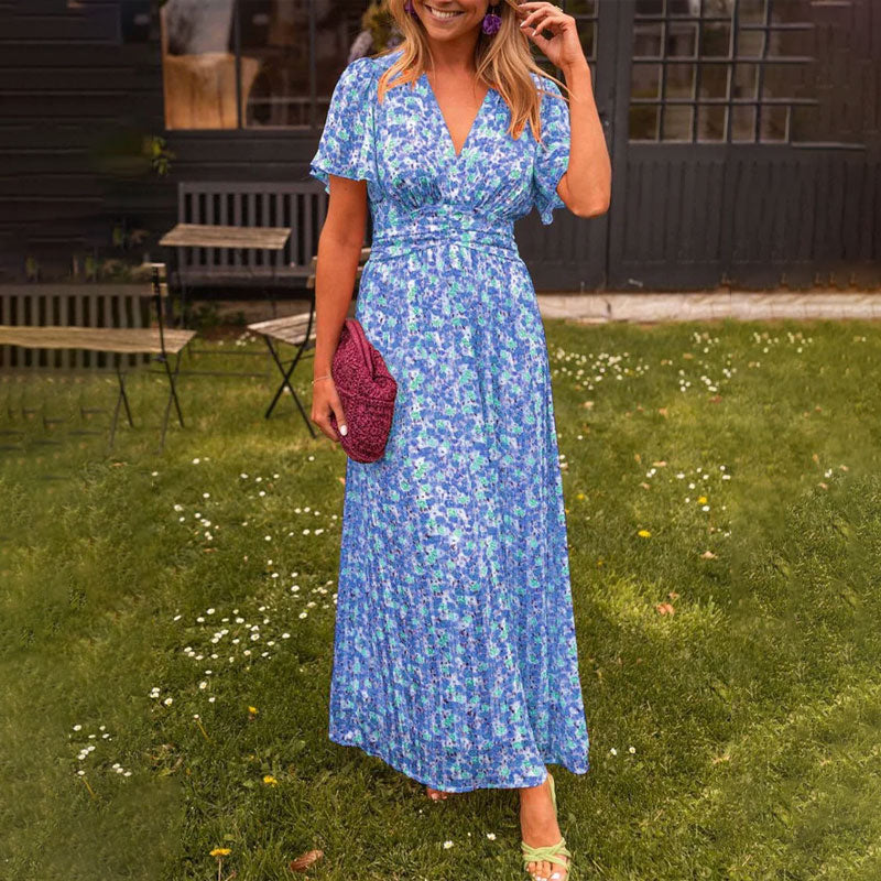 Romy | Sommerkleid für Damen mit V-Ausschnitt, Blumenmuster und kurzen Ärmeln