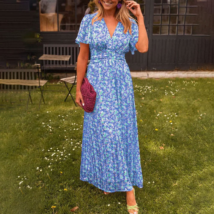 Romy | Sommerkleid für Damen mit V-Ausschnitt, Blumenmuster und kurzen Ärmeln