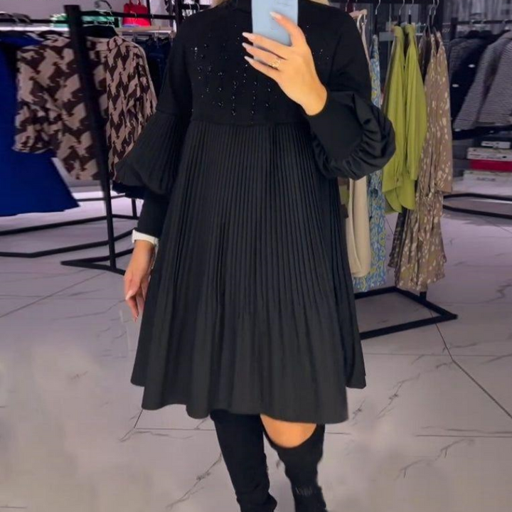 Marlene | Plus-Size Midikleid für Damen mit Stehkragen und Laternenärmeln