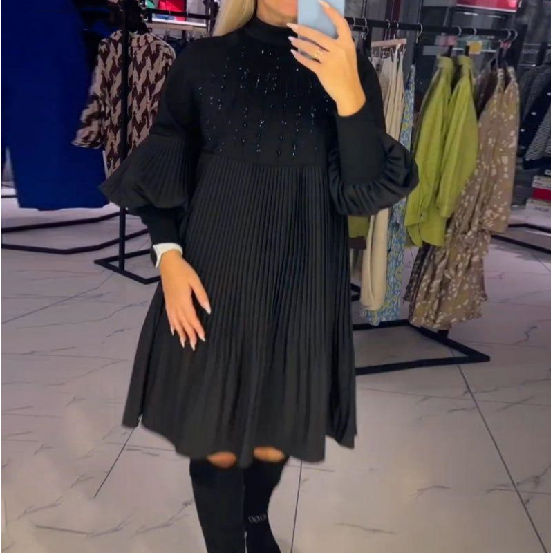 Marlene | Plus-Size Midikleid für Damen mit Stehkragen und Laternenärmeln