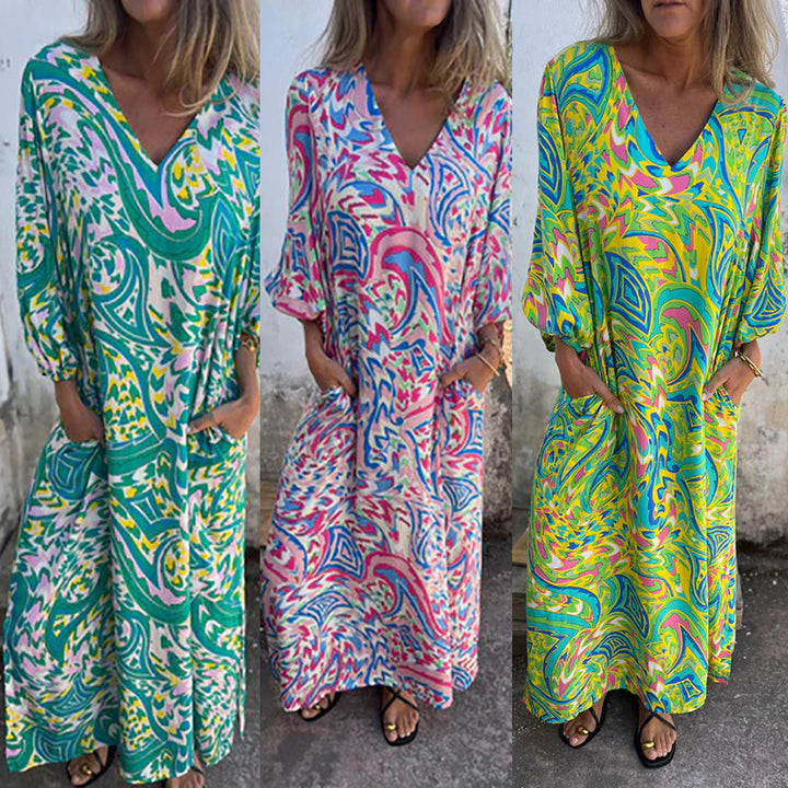 Lowri | Stylisches Maxikleid für Damen mit V-Ausschnitt und 3/4-Ärmeln