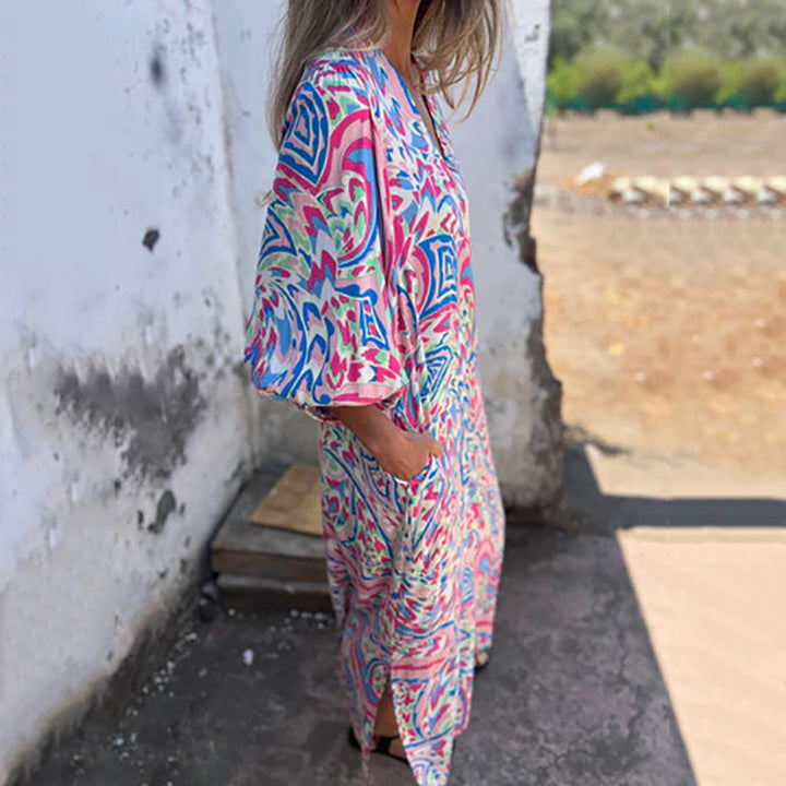 Lowri | Stylisches Maxikleid für Damen mit V-Ausschnitt und 3/4-Ärmeln