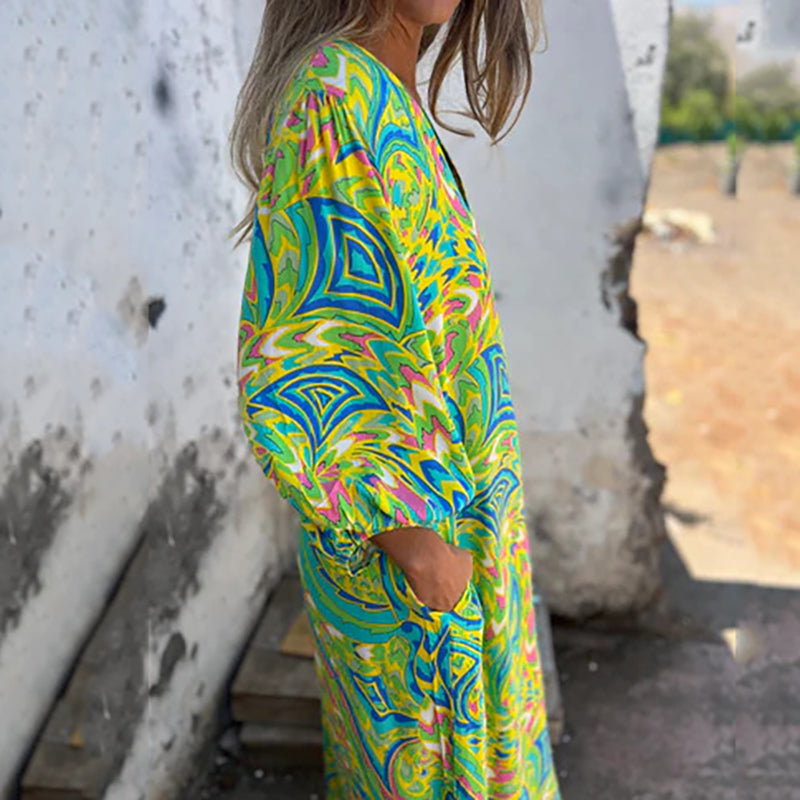 Lowri | Stylisches Maxikleid für Damen mit V-Ausschnitt und 3/4-Ärmeln