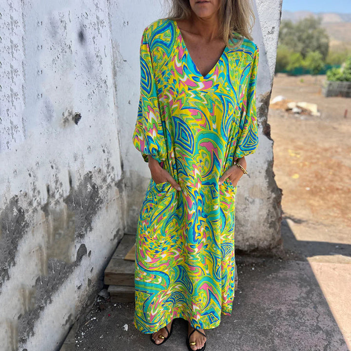 Lowri | Stylisches Maxikleid für Damen mit V-Ausschnitt und 3/4-Ärmeln