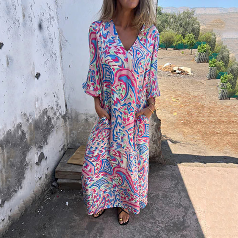 Lowri | Stylisches Maxikleid für Damen mit V-Ausschnitt und 3/4-Ärmeln