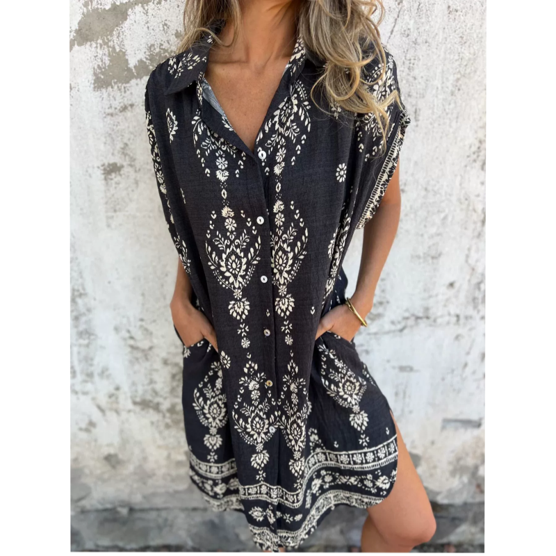 Mica | Vintage Boho Minikleid für Damen mit Blumenmuster und V-Ausschnitt