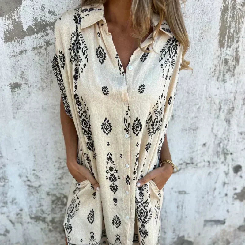 Mica | Vintage Boho Minikleid für Damen mit Blumenmuster und V-Ausschnitt