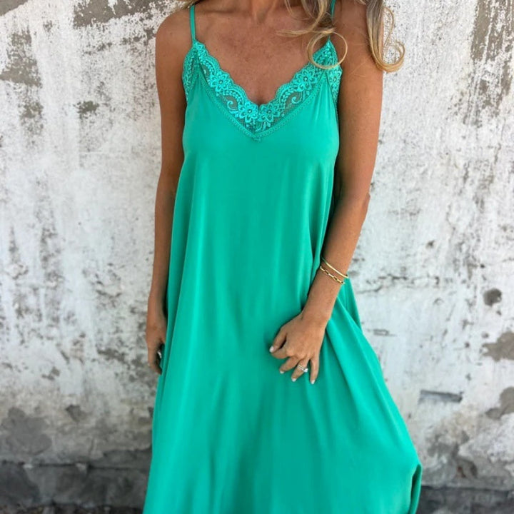 Ria | Elegantes V-Ausschnitt Maxikleid für Damen mit Spaghettiträgern