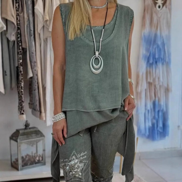 Olive | Damen Zweiteiliges Set: Ärmelloses Oberteil und Bedruckte Hose