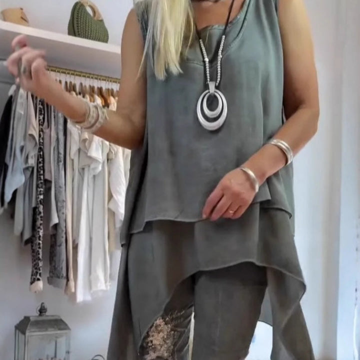 Olive | Damen Zweiteiliges Set: Ärmelloses Oberteil und Bedruckte Hose