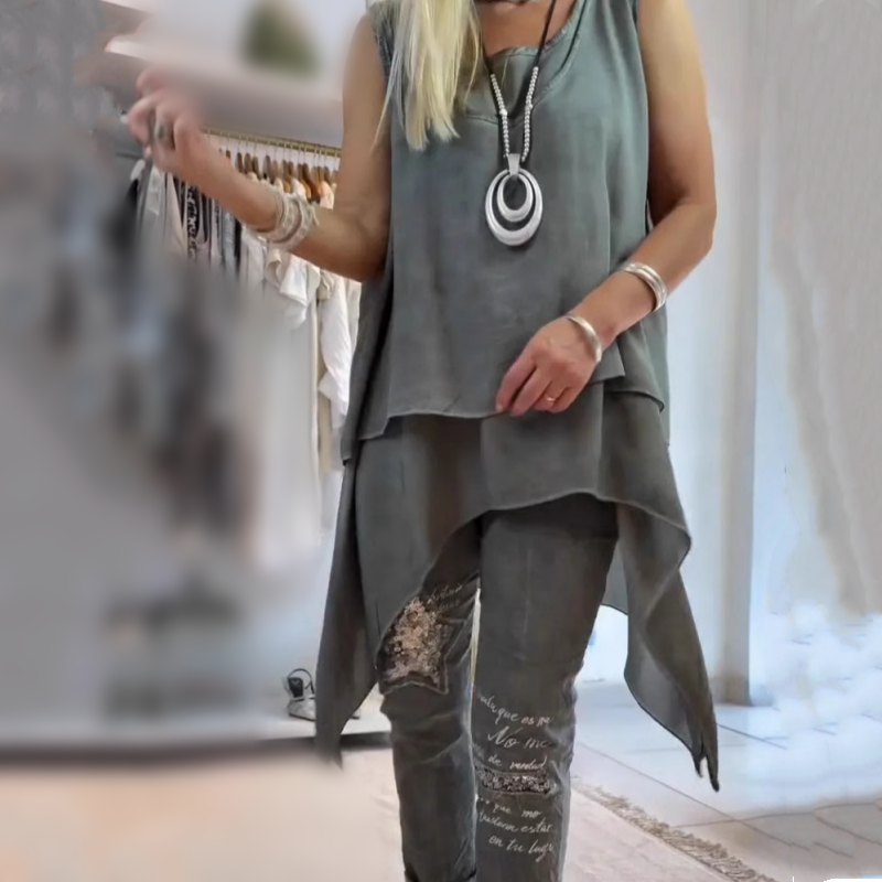 Olive | Damen Zweiteiliges Set: Ärmelloses Oberteil und Bedruckte Hose
