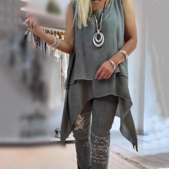Olive | Damen Zweiteiliges Set: Ärmelloses Oberteil und Bedruckte Hose