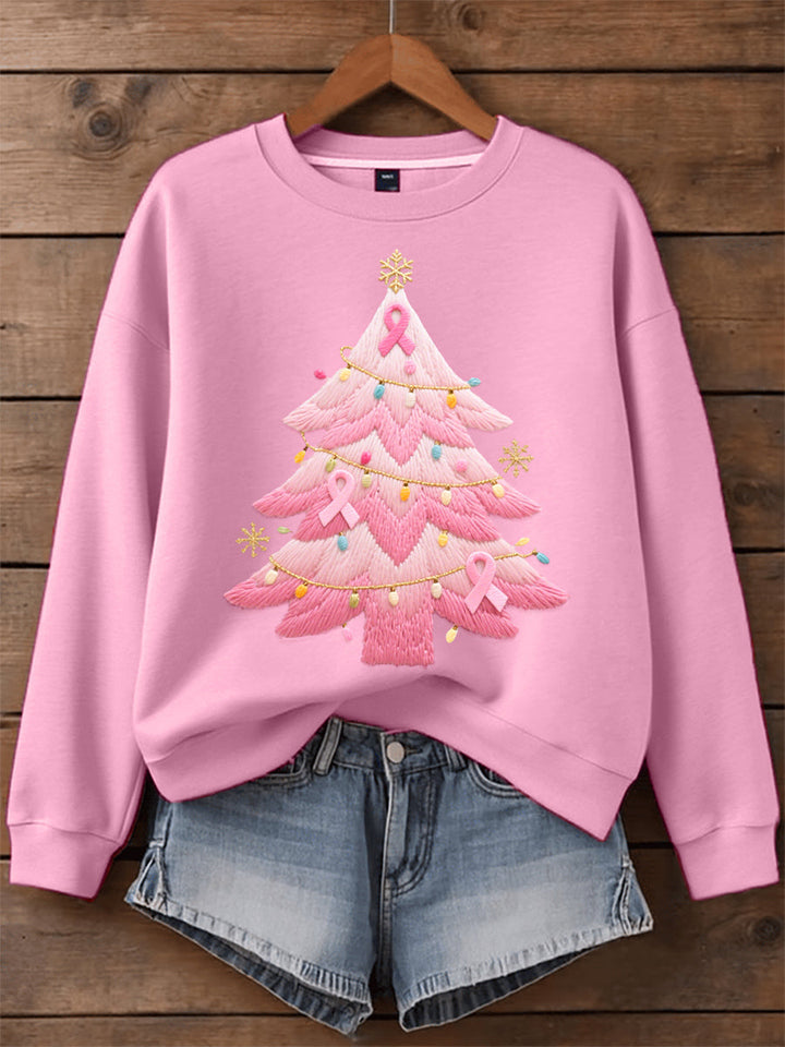 Damen Sweatshirt mit gesticktem Weihnachtsbaum in Pink und Rundhalsausschnitt