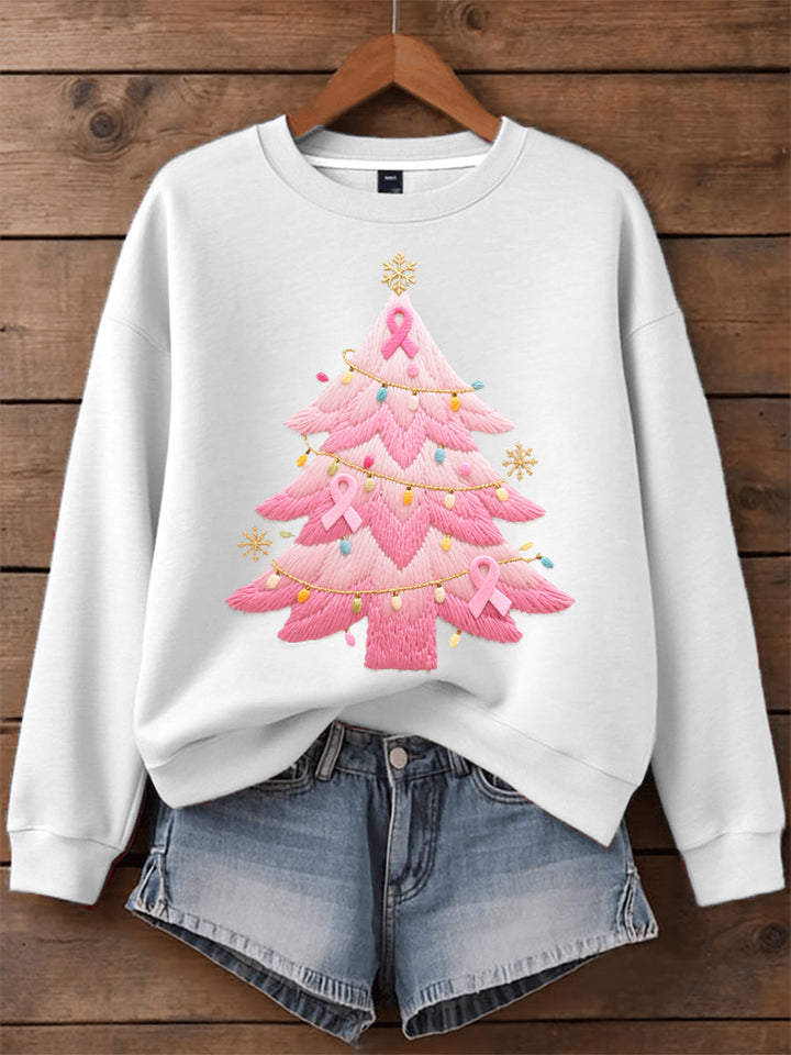 Damen Sweatshirt mit gesticktem Weihnachtsbaum in Pink und Rundhalsausschnitt