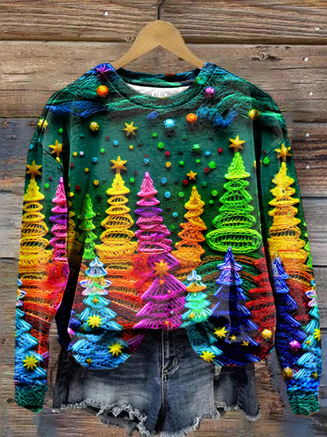 Damen Weihnachtsbaum-Print Langarm-Sweatshirt mit Rundhalsausschnitt