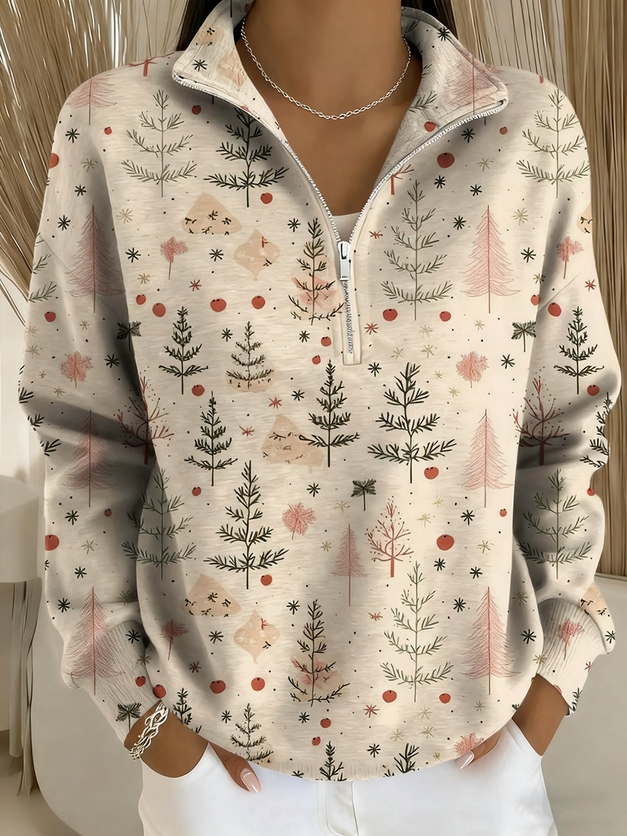 Damen Merry Christmas Print Langarmoberteil mit Stehkragen und langen Ärmeln