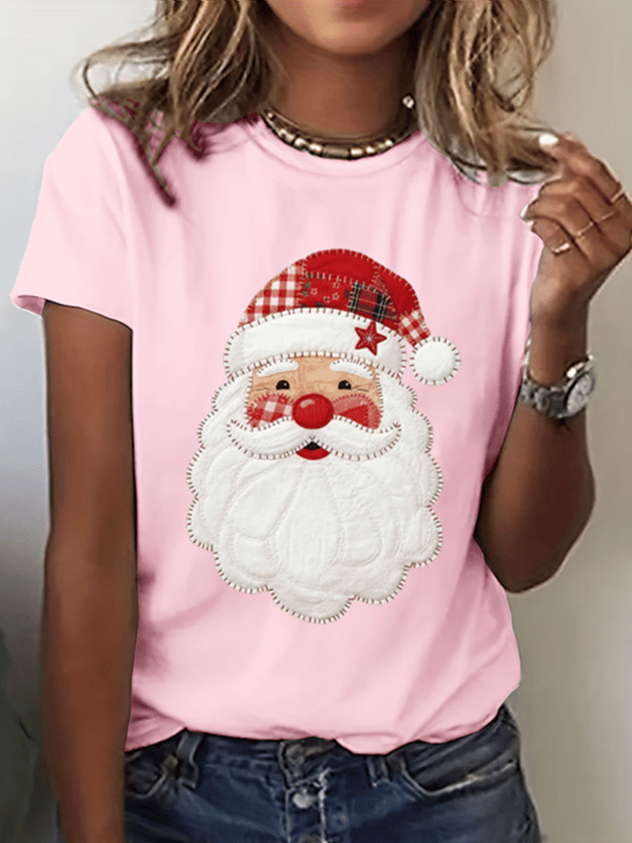 Damen Santa Claus Druck Kurzarm T-Shirt mit Rundhalsausschnitt und Karomuster