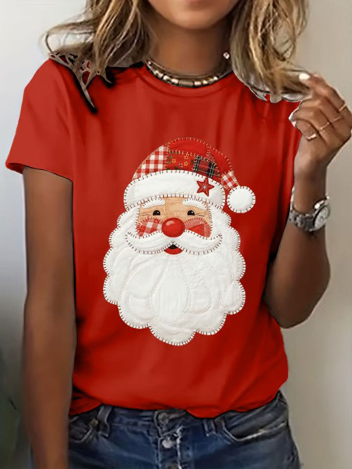Damen Santa Claus Druck Kurzarm T-Shirt mit Rundhalsausschnitt und Karomuster
