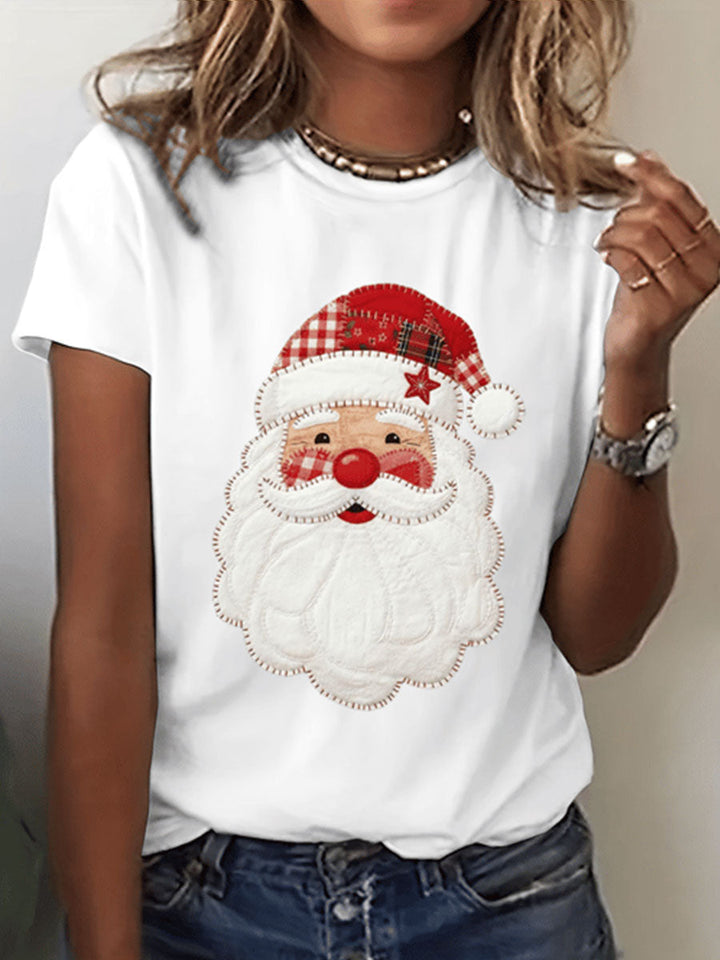 Damen Santa Claus Druck Kurzarm T-Shirt mit Rundhalsausschnitt und Karomuster