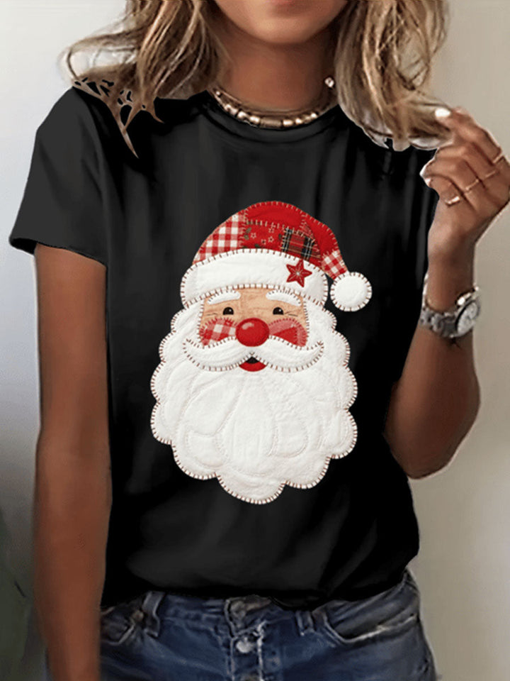 Damen Santa Claus Druck Kurzarm T-Shirt mit Rundhalsausschnitt und Karomuster
