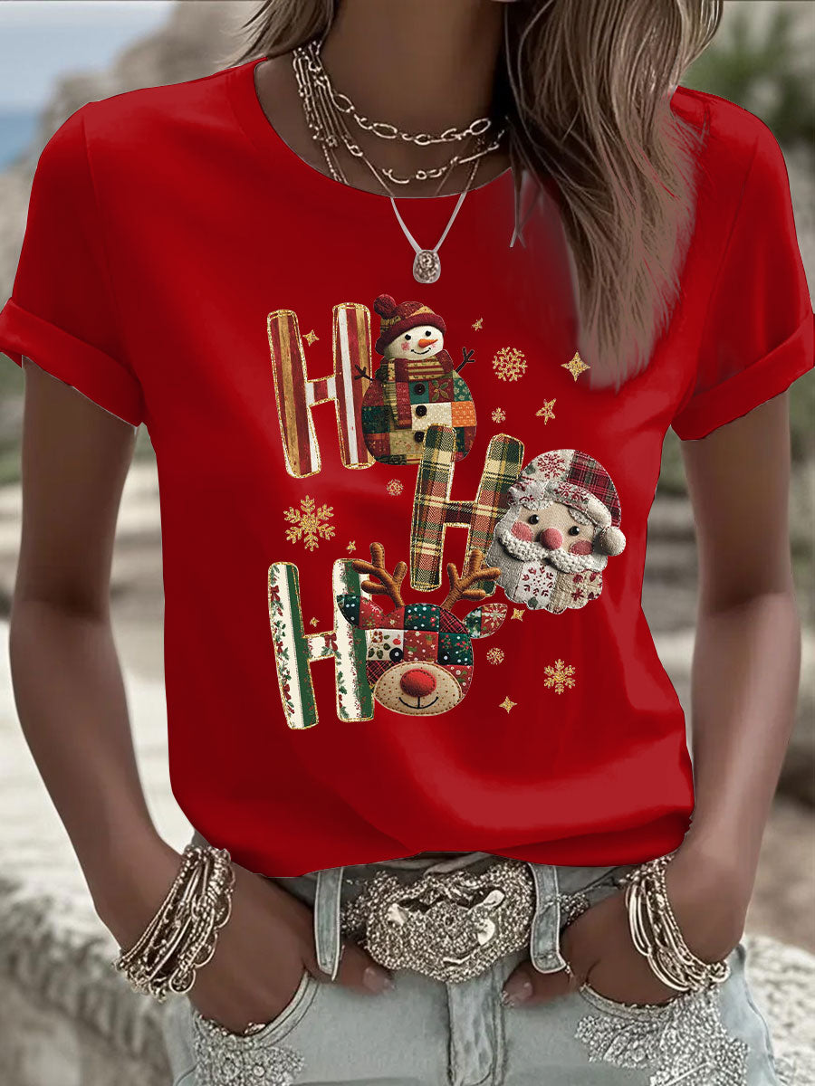 Damen Weihnachtsdruck Freizeit T-Shirt mit Rundhalsausschnitt und kurzen Ärmeln