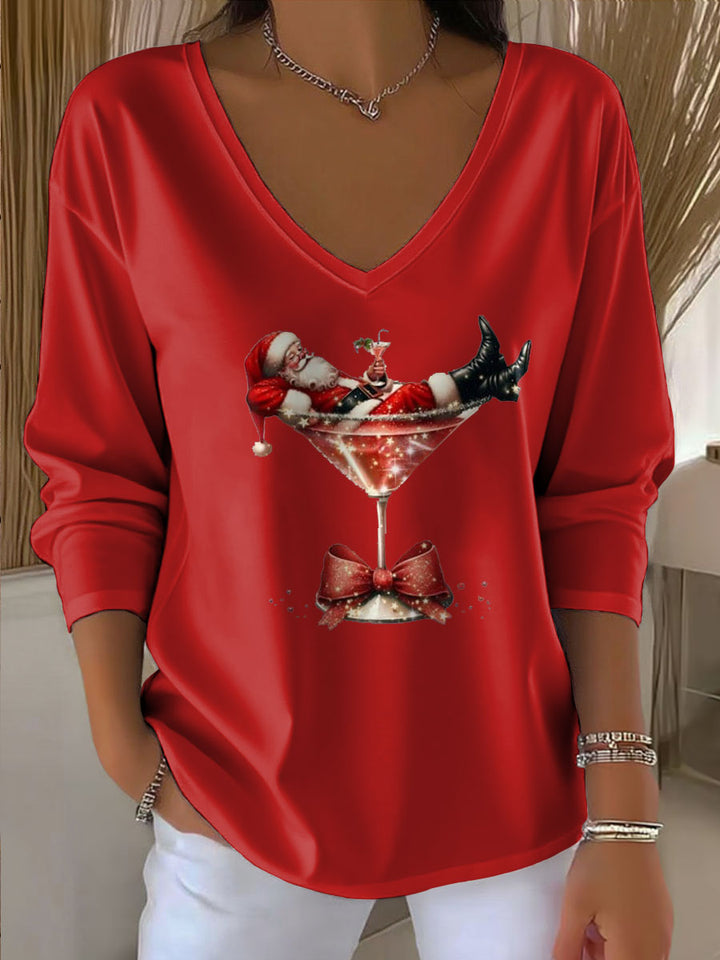 Damen Santa Claus Bedrucktes V-Ausschnitt T-Shirt mit 3/4-Ärmeln und langen Ärmeln