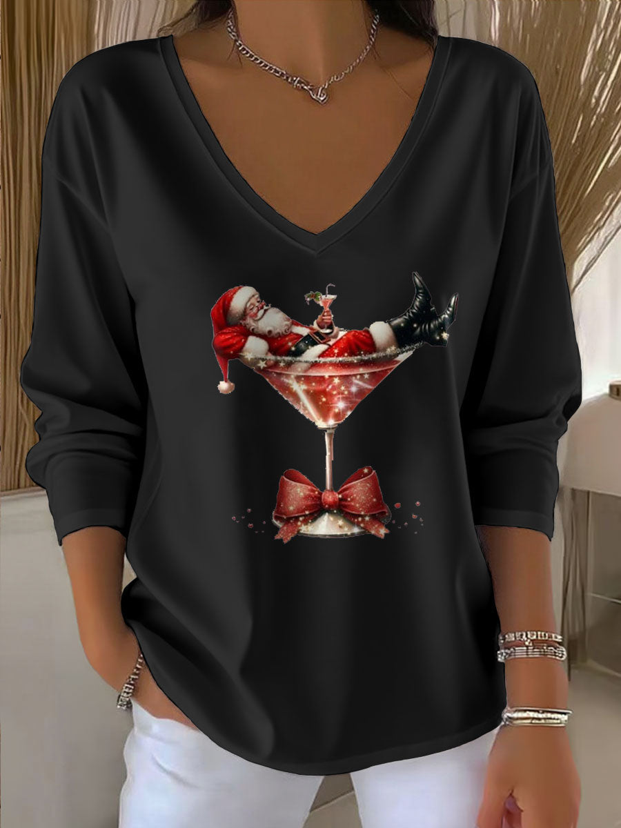 Damen Santa Claus Bedrucktes V-Ausschnitt T-Shirt mit 3/4-Ärmeln und langen Ärmeln