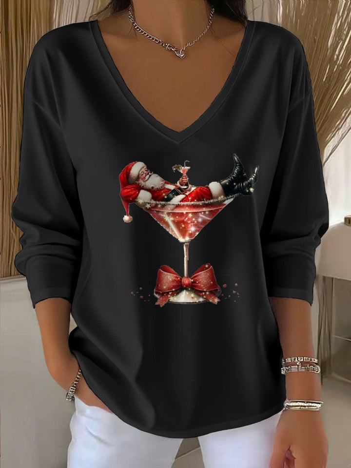 Damen Santa Claus Bedrucktes V-Ausschnitt T-Shirt mit 3/4-Ärmeln und langen Ärmeln