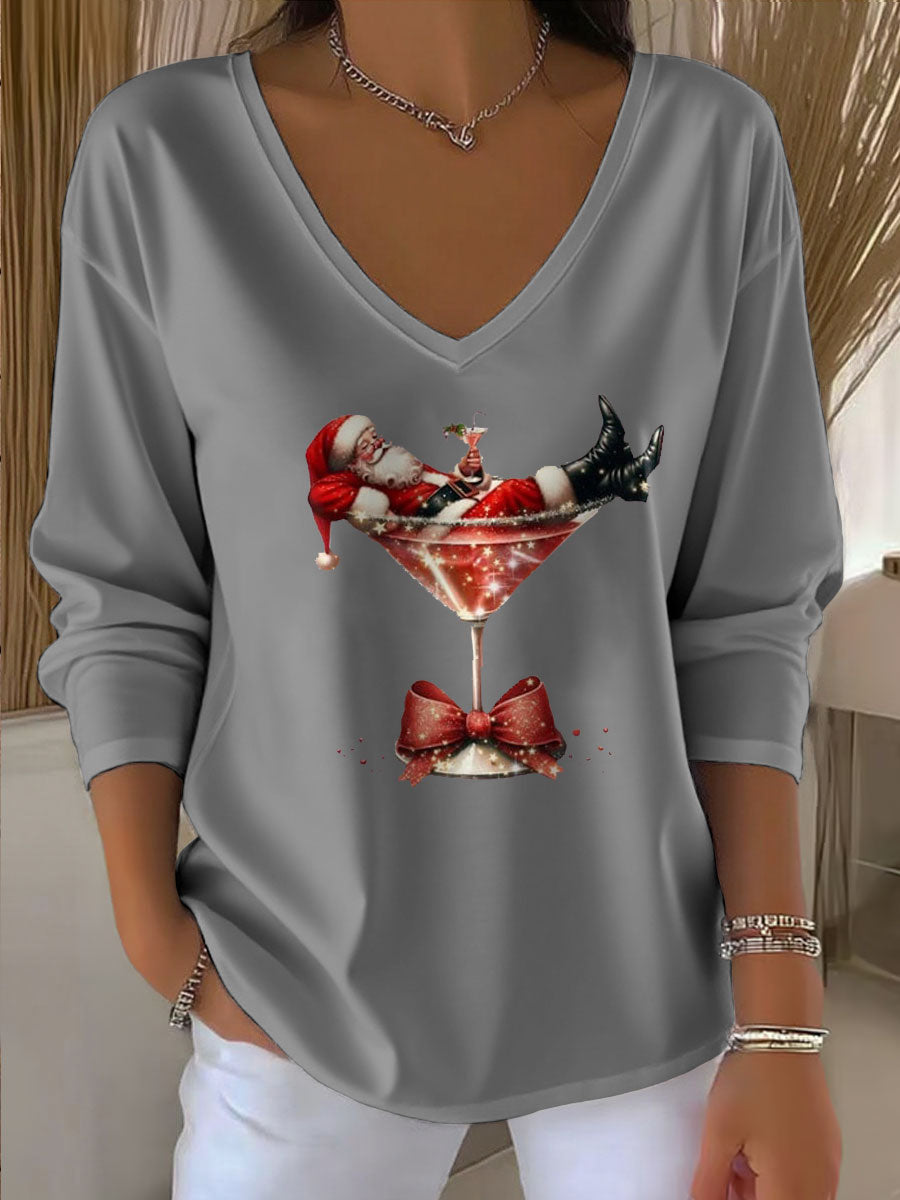 Damen Santa Claus Bedrucktes V-Ausschnitt T-Shirt mit 3/4-Ärmeln und langen Ärmeln