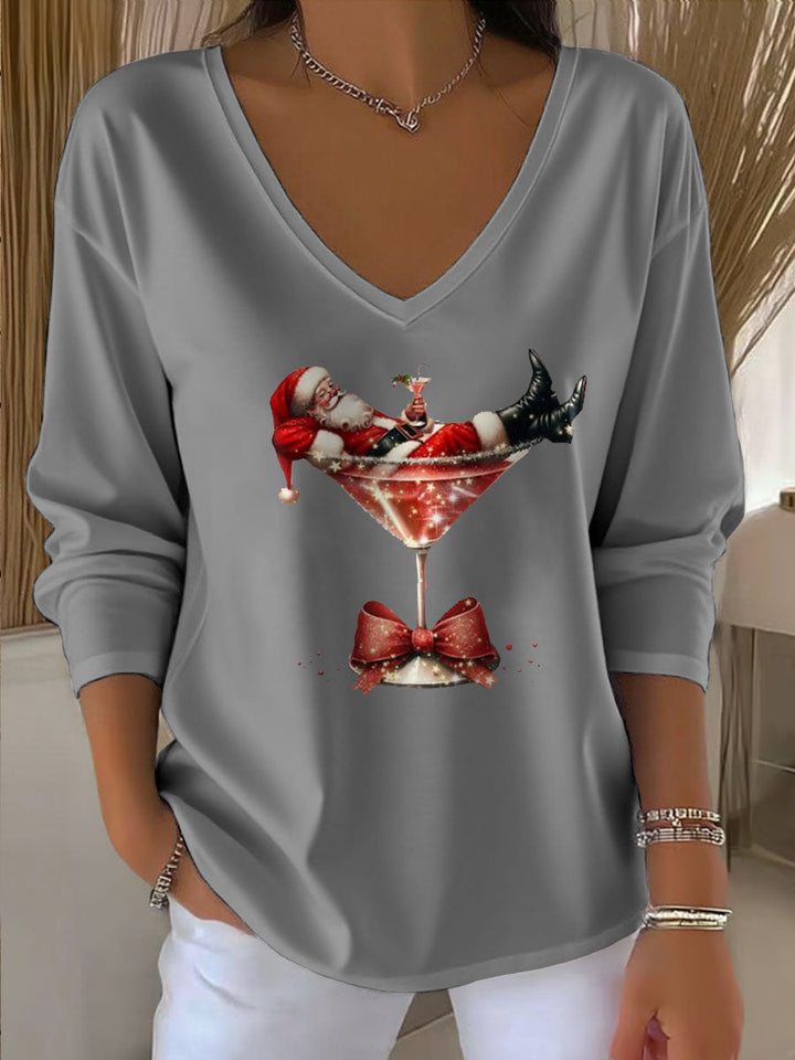 Damen Santa Claus Bedrucktes V-Ausschnitt T-Shirt mit 3/4-Ärmeln und langen Ärmeln