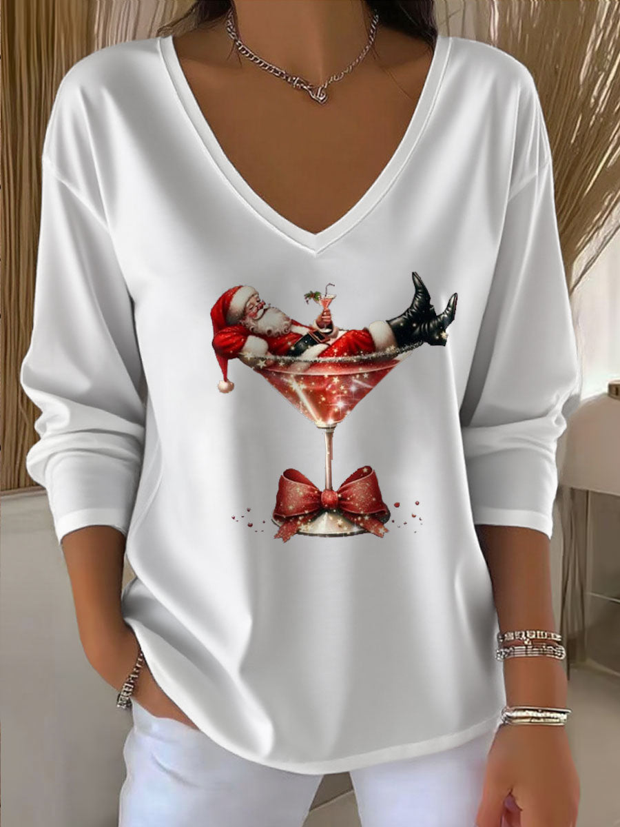 Damen Santa Claus Bedrucktes V-Ausschnitt T-Shirt mit 3/4-Ärmeln und langen Ärmeln