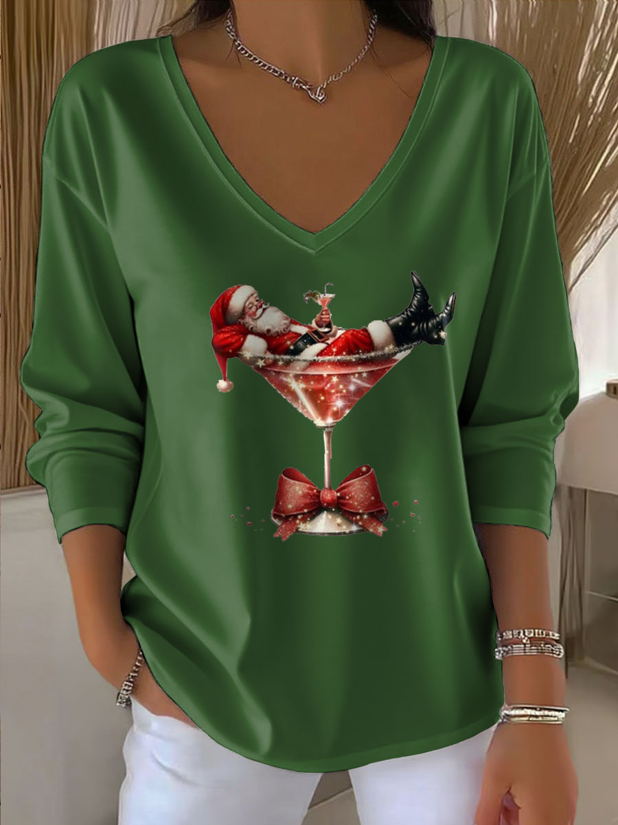 Damen Santa Claus Bedrucktes V-Ausschnitt T-Shirt mit 3/4-Ärmeln und langen Ärmeln