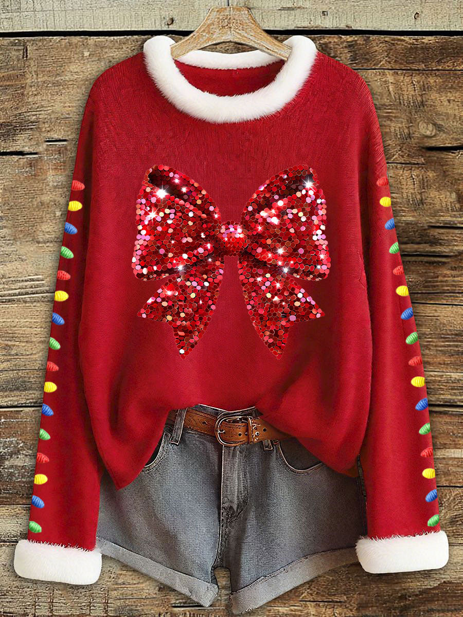 Damen Weihnachts Schleife Dekorative Licht Tops mit Rundhalsausschnitt
