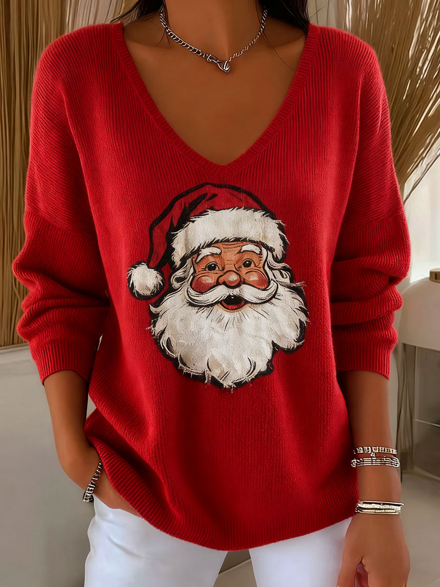 Damen Santa Claus Print Freizeitoberteil mit V-Ausschnitt und langen Ärmeln
