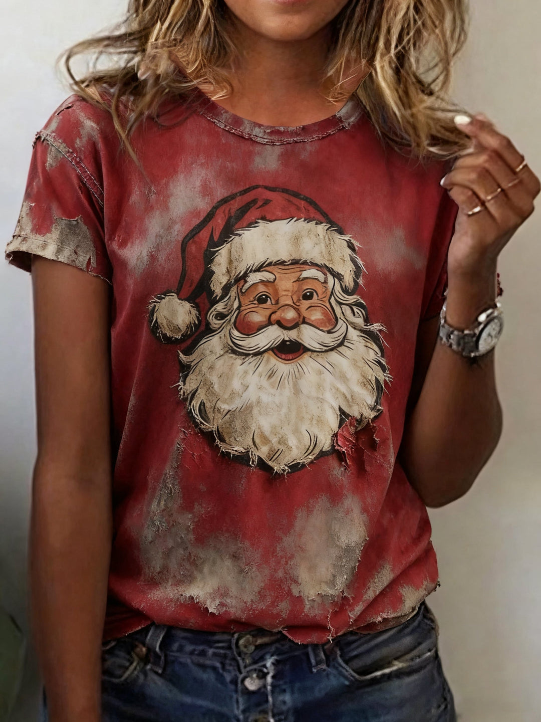 Damen Santa Claus Print Freizeit T-Shirt mit Rundhalsausschnitt und kurzen Ärmeln