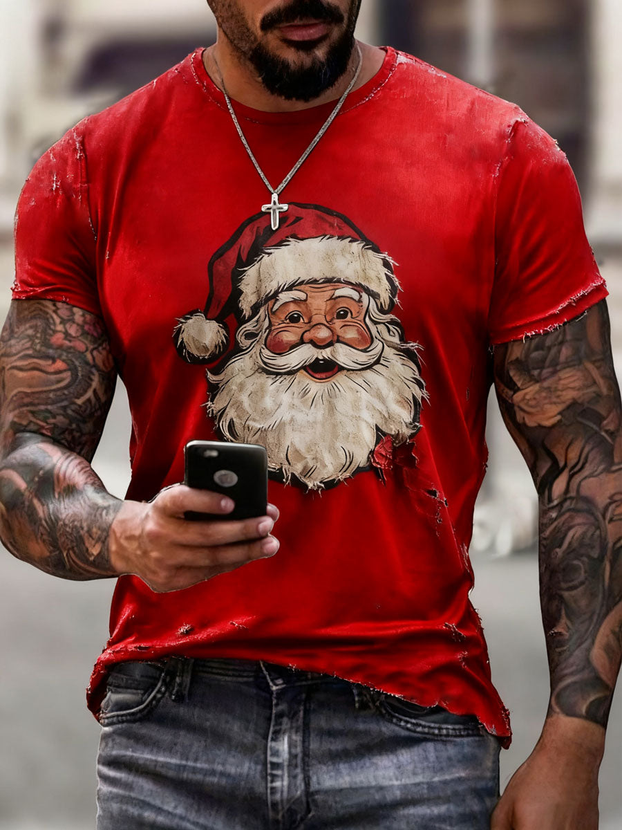 Herren Santa Claus Print Freizeit T-Shirt mit V-Ausschnitt und kurzen Ärmeln