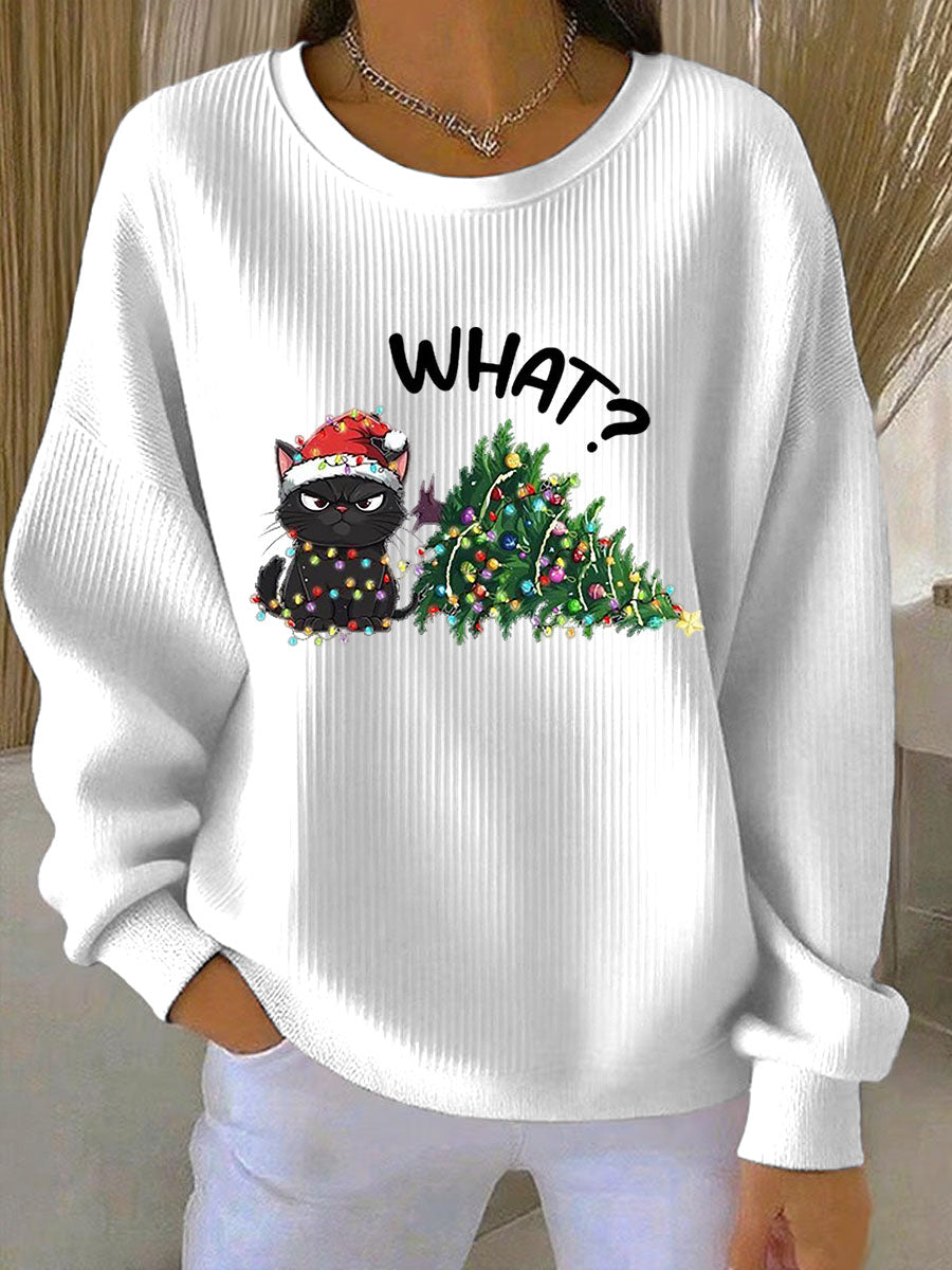 Damen Weihnachts-Ripp-Rundhals-Sweatshirt mit Rundhalsausschnitt und langen Ärmeln
